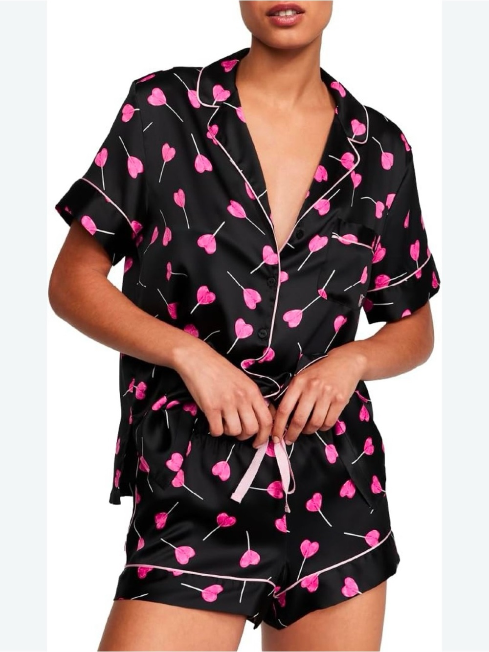 Victoria’s Secret Satin Short Pajama Set - Black with Pink Heart Print Size XXL